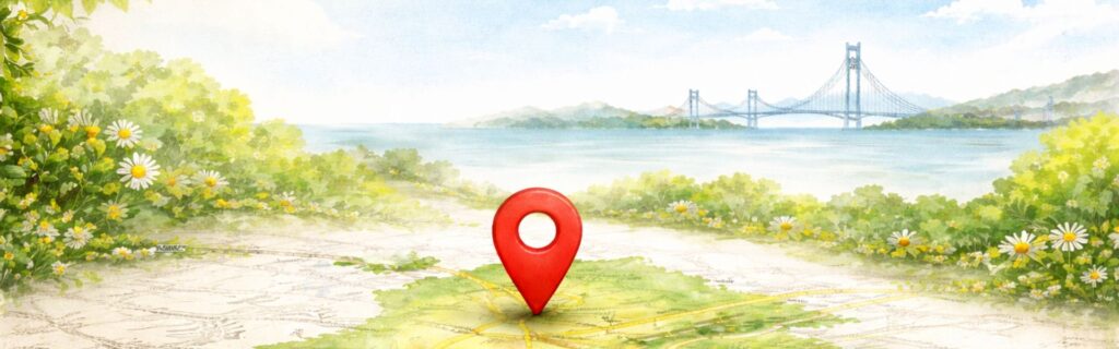 交通アクセストップに使用している画像です。香川県の風景を水彩タッチ風に描いています。